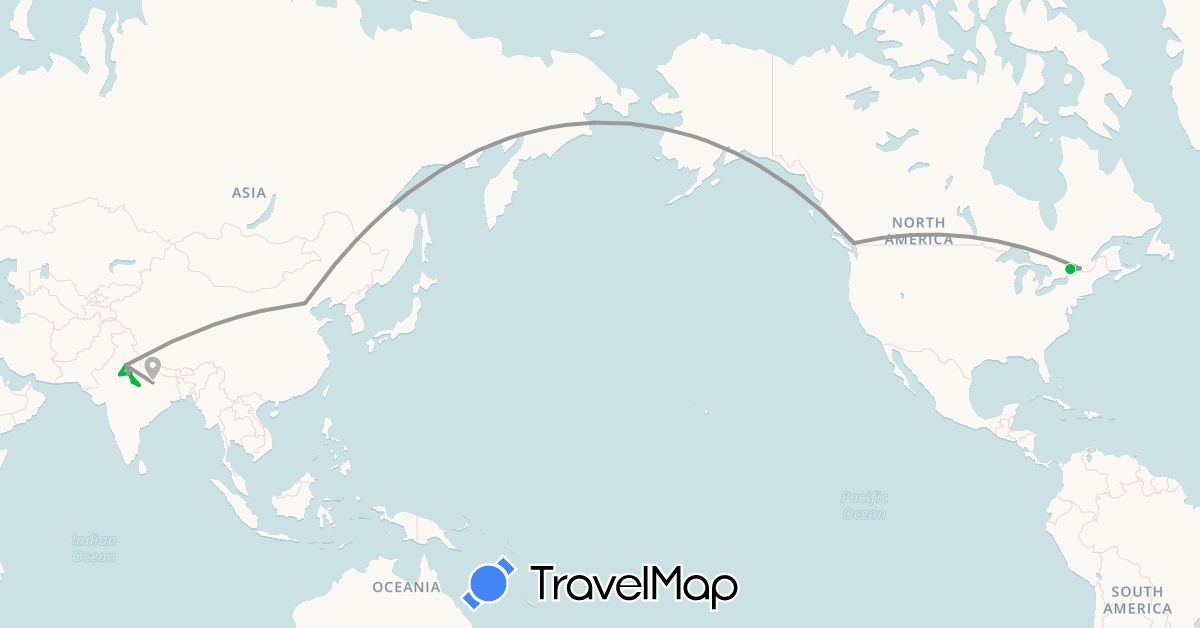 TravelMap itinerary: driving, bus, plane in Canada, China, India (Asia, North America)