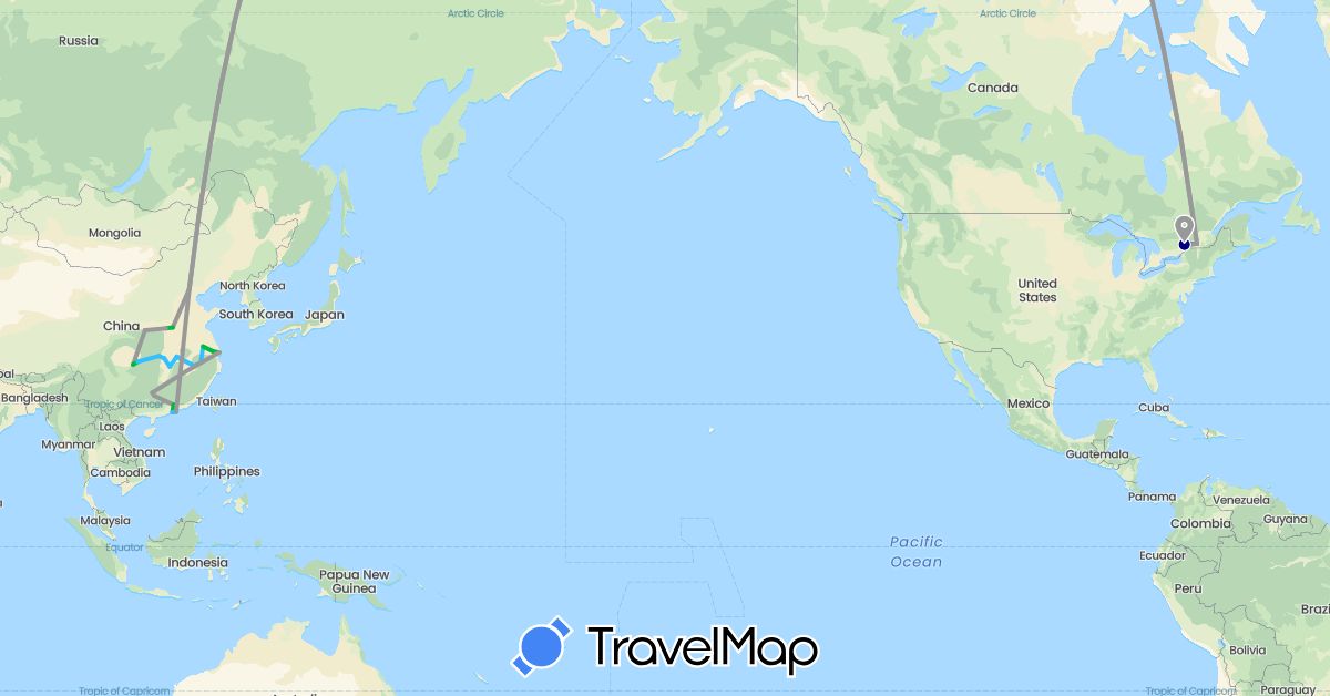 TravelMap itinerary: driving, bus, plane, boat in Canada, China, Hong Kong, Macau (Asia, North America)